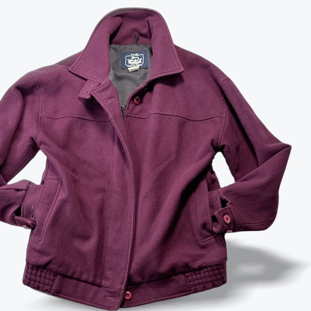 Vintage Woolrich Coat Womens Wool 1980s Bomber Jacket Burgundy Made in USA Small